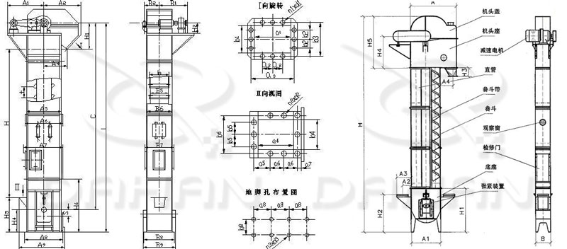 TD/D型斗式提升機基本結構:機頭蓋，機頭座，減速電機，直管，底座，緊張裝置等。