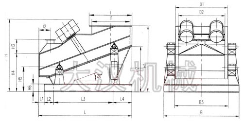 ZSG礦用振動(dòng)篩外形示意圖：B為礦用振動(dòng)篩寬度，L為礦用振動(dòng)篩長(zhǎng)度。H為礦用振動(dòng)篩高度等。