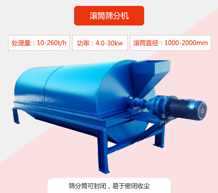 滾筒篩分機(jī)：處理能力：10-260t/h  功率：4.0-30kw 滾筒直徑：1000-2000mm 篩分筒可封閉，易于密閉收塵