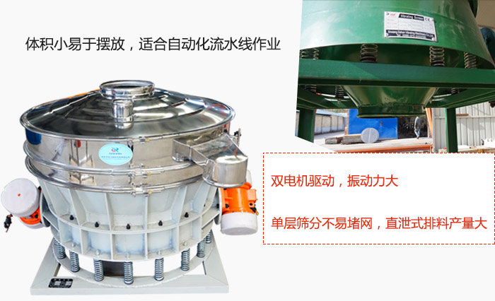 雙電機驅(qū)動，振動力大，單層篩分不易堵網(wǎng)，直泄式排料產(chǎn)量大